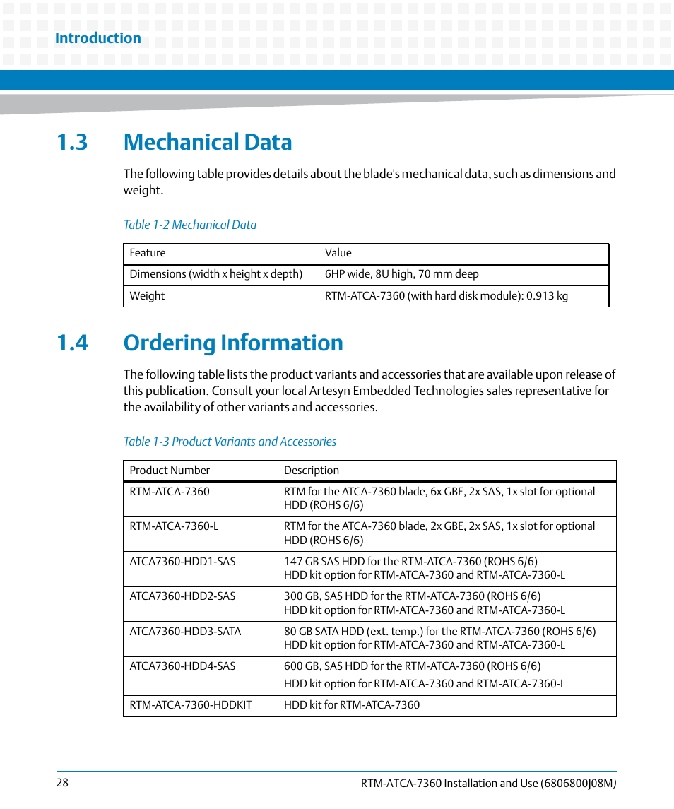 3 mechanical data, 4 ordering information, 3 mechanical data 1.4 ordering information | Table 1-2, Mechanical data, Table 1-3, Product variants and accessories, Ordering information, Introduction | Artesyn RTM-ATCA-7360 Installation and Use (June 2014) User Manual | Page 28 / 84