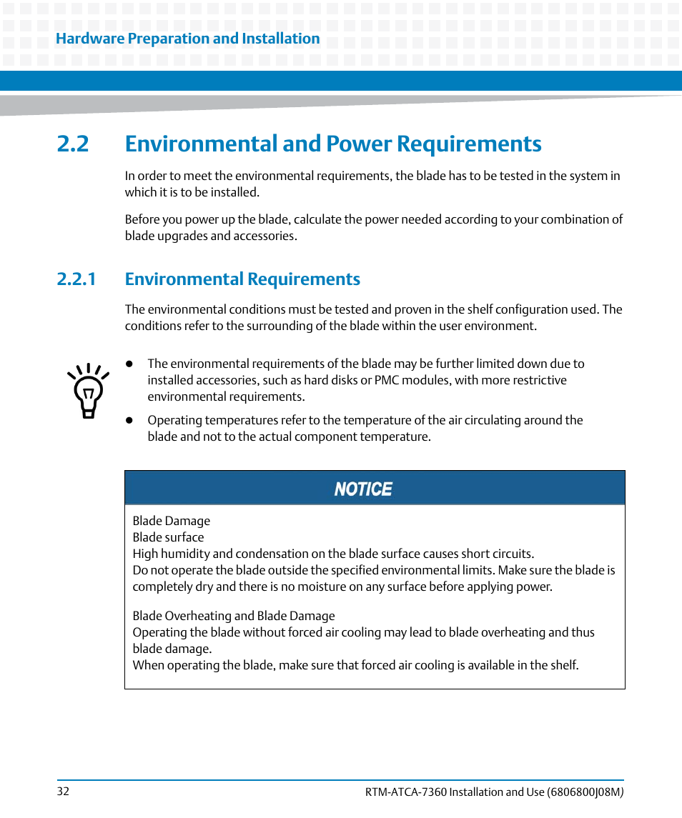 2 environmental and power requirements, 1 environmental requirements | Artesyn RTM-ATCA-7360 Installation and Use (June 2014) User Manual | Page 32 / 84