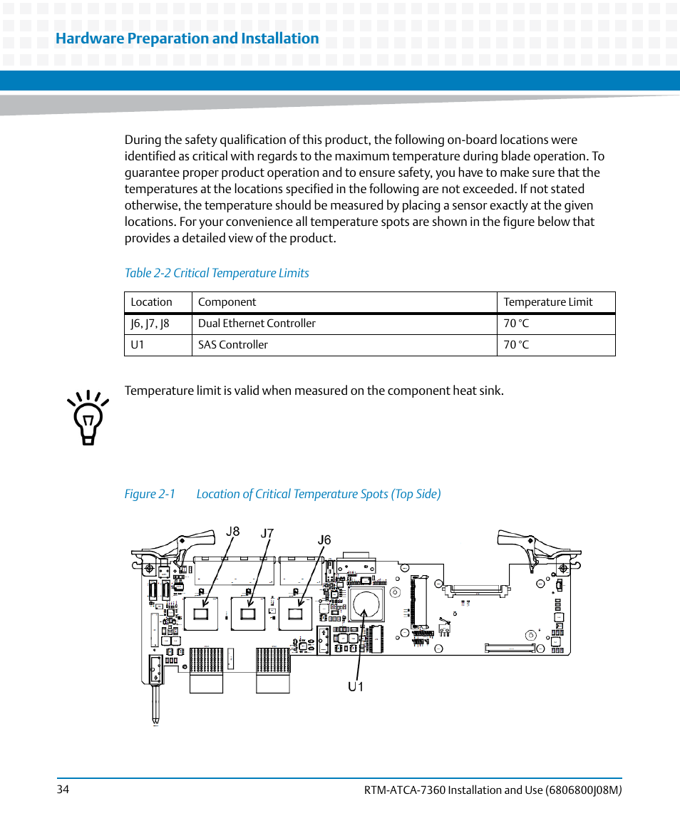 Table 2-2, Critical temperature limits, Figure 2-1 | Location of critical temperature spots (top side), Hardware preparation and installation | Artesyn RTM-ATCA-7360 Installation and Use (June 2014) User Manual | Page 34 / 84