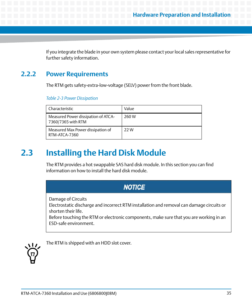 2 power requirements, 3 installing the hard disk module, Table 2-3 | Power dissipation | Artesyn RTM-ATCA-7360 Installation and Use (June 2014) User Manual | Page 35 / 84