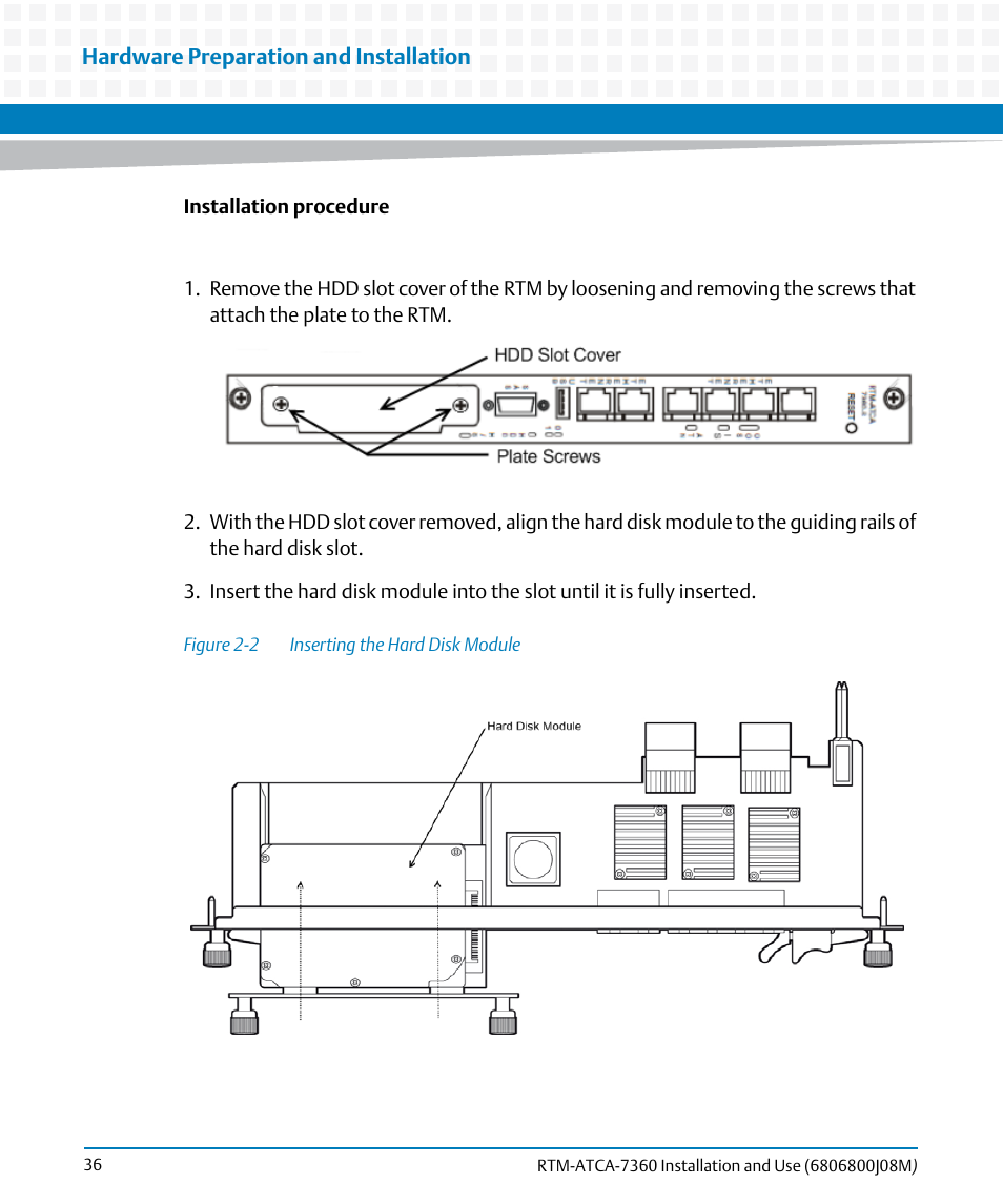 Figure 2-2, Inserting the hard disk module | Artesyn RTM-ATCA-7360 Installation and Use (June 2014) User Manual | Page 36 / 84