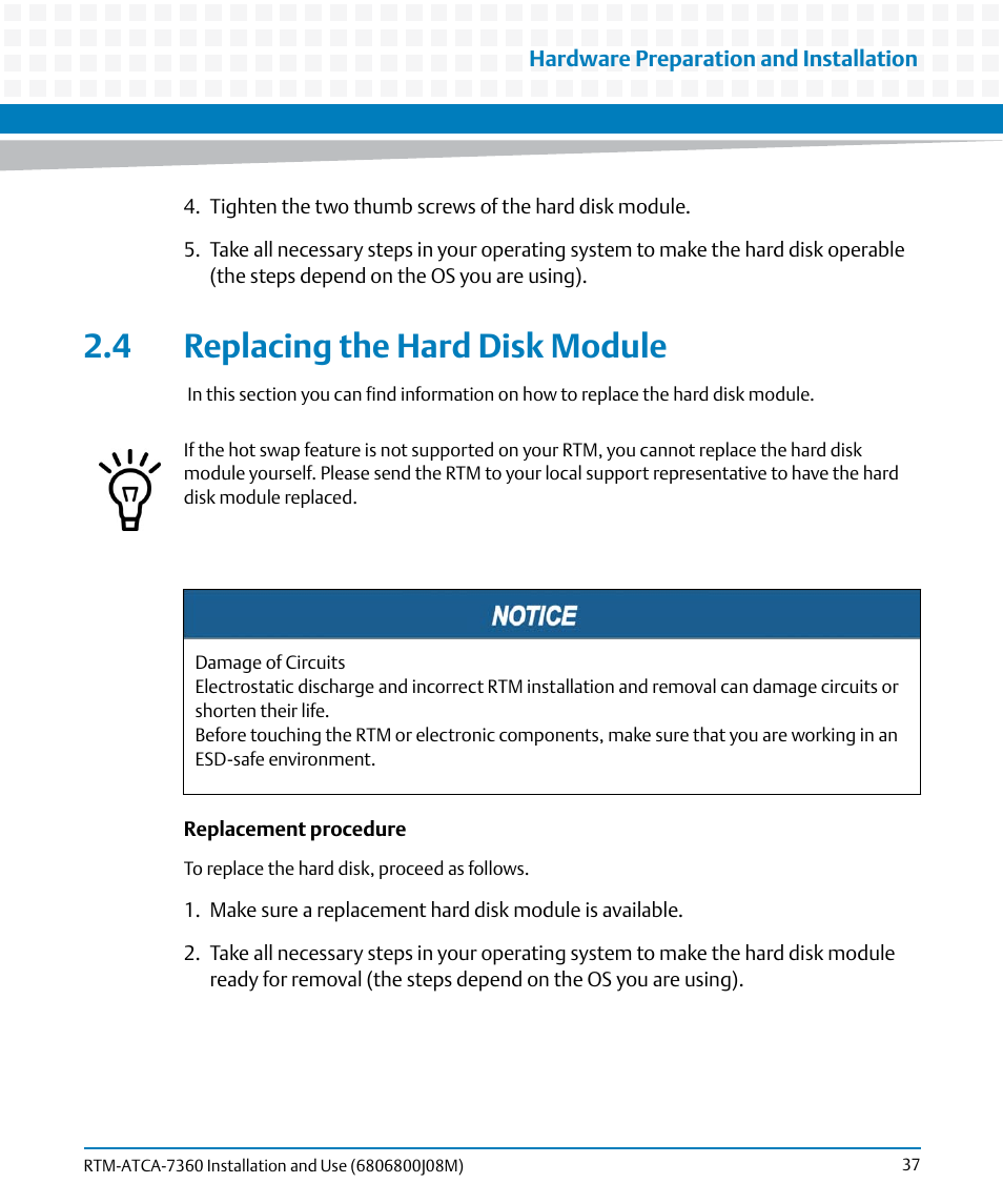 4 replacing the hard disk module | Artesyn RTM-ATCA-7360 Installation and Use (June 2014) User Manual | Page 37 / 84