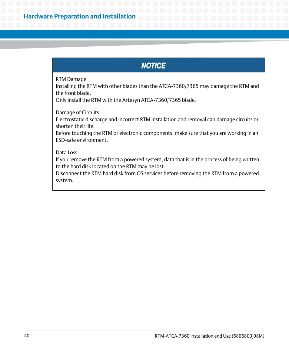 Hardware preparation and installation | Artesyn RTM-ATCA-7360 Installation and Use (June 2014) User Manual | Page 40 / 84