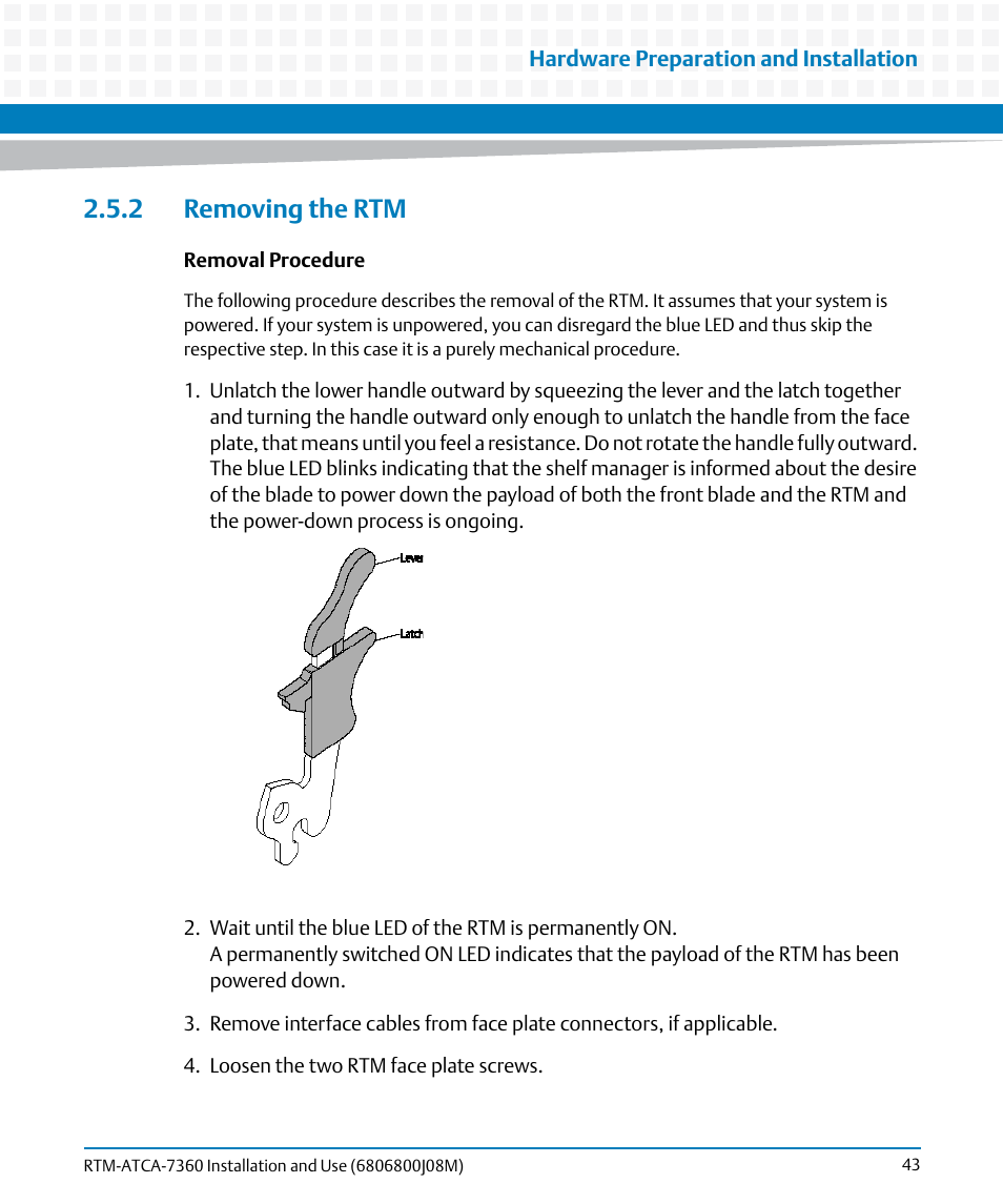 2 removing the rtm | Artesyn RTM-ATCA-7360 Installation and Use (June 2014) User Manual | Page 43 / 84