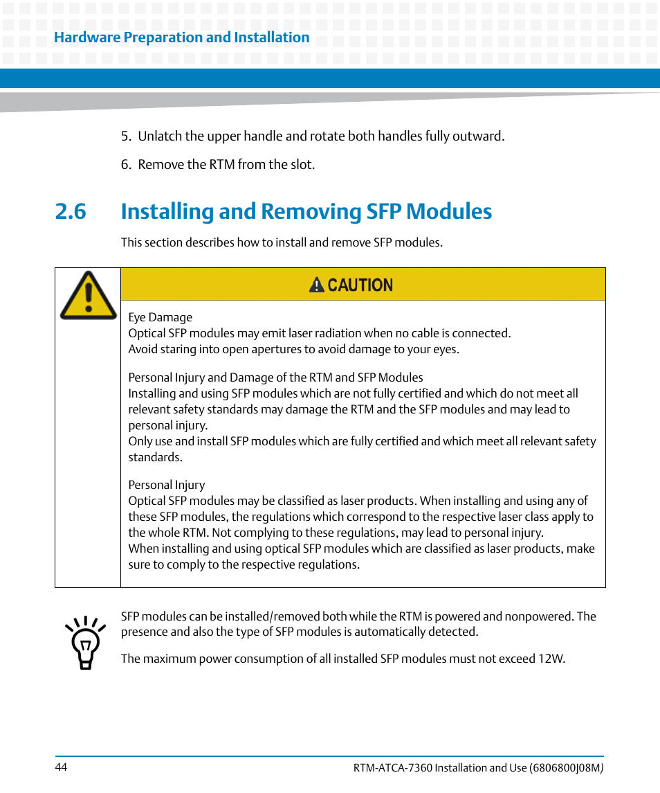 6 installing and removing sfp modules | Artesyn RTM-ATCA-7360 Installation and Use (June 2014) User Manual | Page 44 / 84