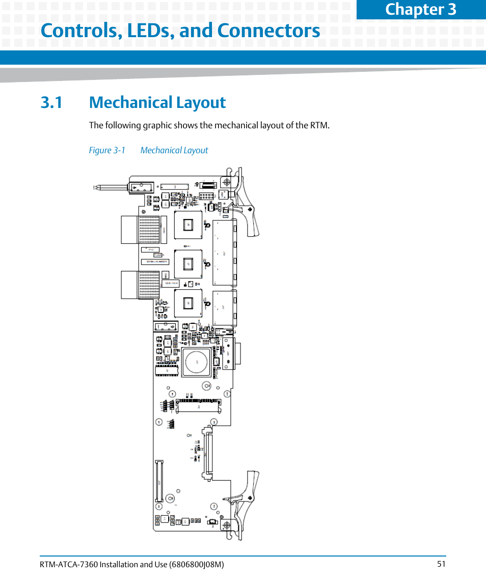 Controls, leds, and connectors, 1 mechanical layout, Figure 3-1 | Mechanical layout, Chapter 3 | Artesyn RTM-ATCA-7360 Installation and Use (June 2014) User Manual | Page 51 / 84