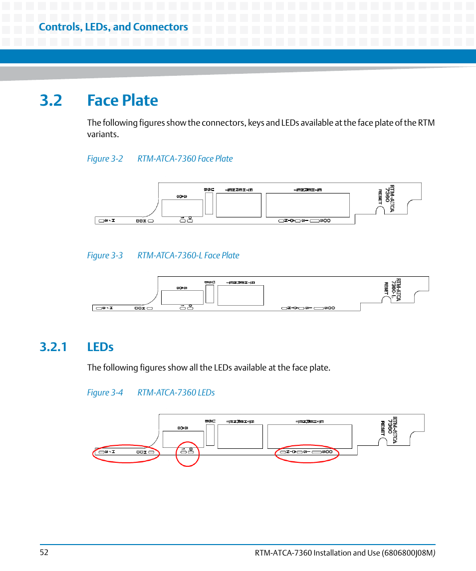 2 face plate, 1 leds, Figure 3-2 | Rtm-atca-7360 face plate, Figure 3-3, Rtm-atca-7360-l face plate, Figure 3-4, Rtm-atca-7360 leds | Artesyn RTM-ATCA-7360 Installation and Use (June 2014) User Manual | Page 52 / 84
