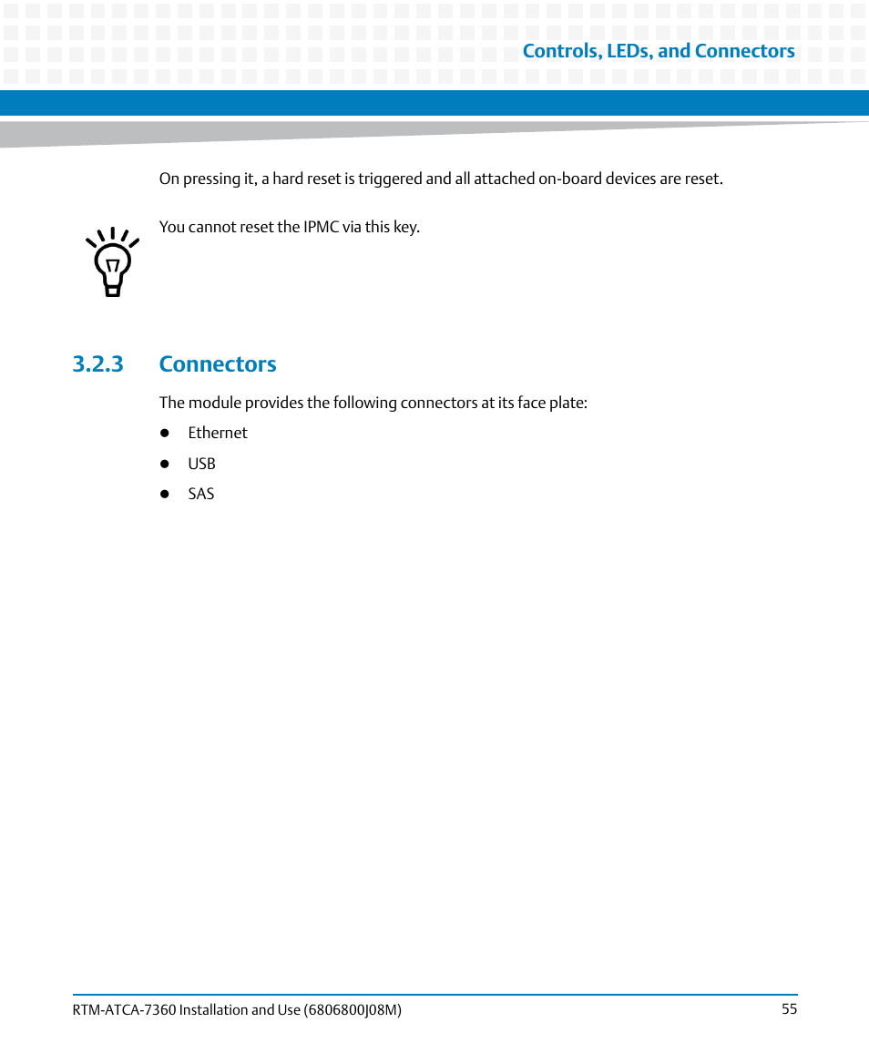 3 connectors | Artesyn RTM-ATCA-7360 Installation and Use (June 2014) User Manual | Page 55 / 84