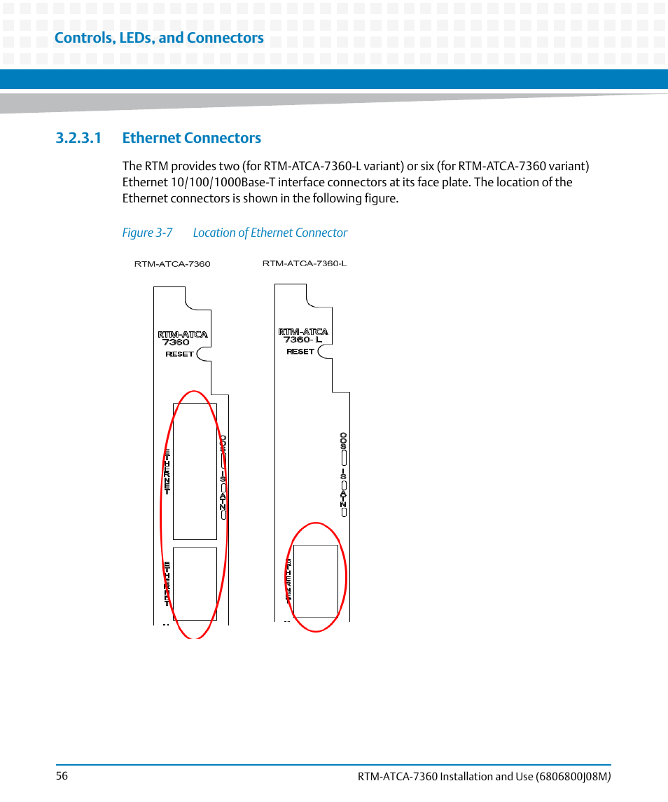 1 ethernet connectors, Figure 3-7, Location of ethernet connector | Artesyn RTM-ATCA-7360 Installation and Use (June 2014) User Manual | Page 56 / 84