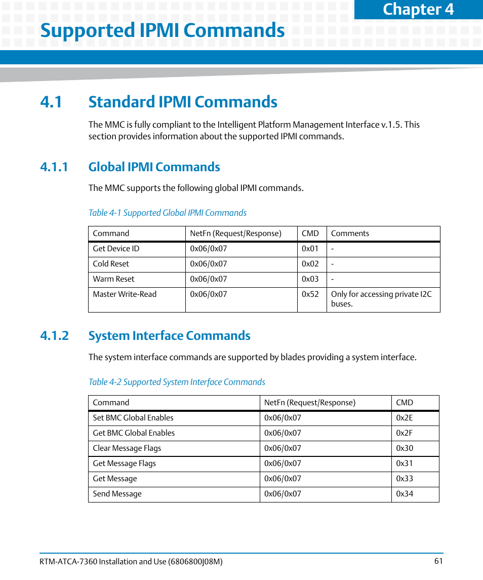 Supported ipmi commands, 1 standard ipmi commands, 1 global ipmi commands | 2 system interface commands, Table 4-1, Supported global ipmi commands, Table 4-2, Supported system interface commands, Lists all suppor, Chapter 4 | Artesyn RTM-ATCA-7360 Installation and Use (June 2014) User Manual | Page 61 / 84