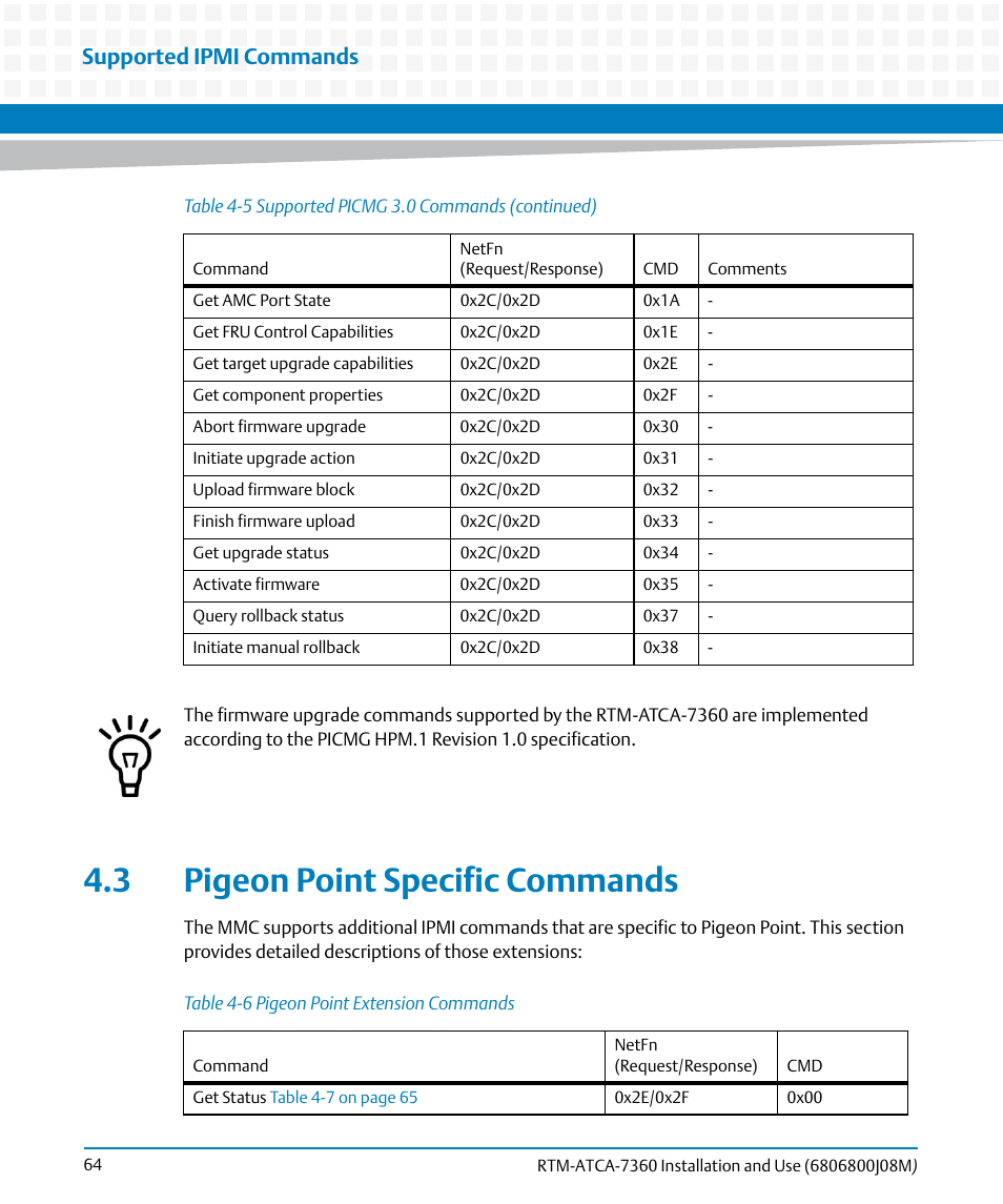 3 pigeon point specific commands, Table 4-6, Pigeon point extension commands | Supported ipmi commands | Artesyn RTM-ATCA-7360 Installation and Use (June 2014) User Manual | Page 64 / 84