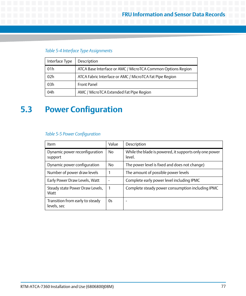 3 power configuration, Table 5-4, Interface type assignments | Table 5-5, Power configuration, Fru information and sensor data records | Artesyn RTM-ATCA-7360 Installation and Use (June 2014) User Manual | Page 77 / 84