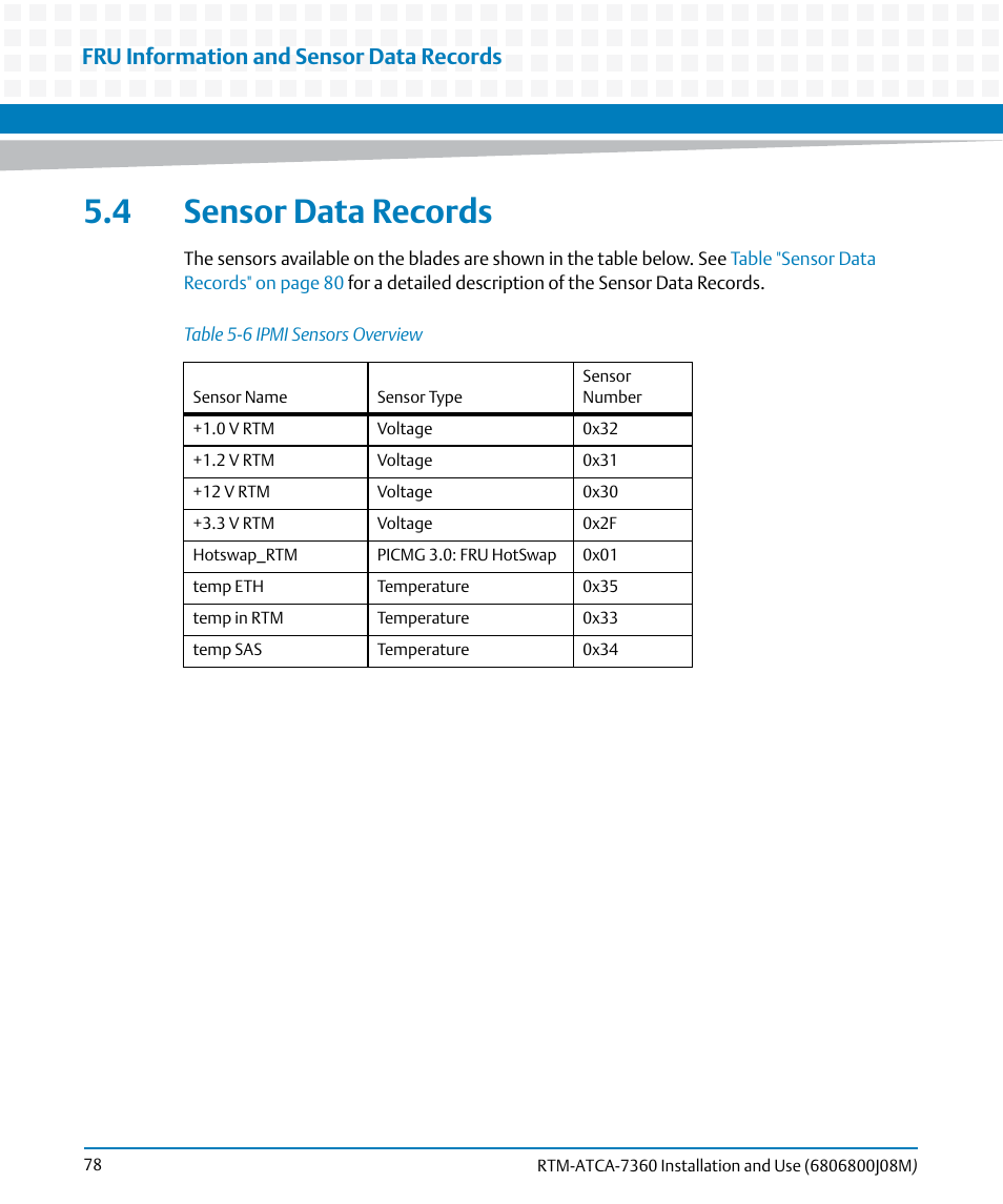 4 sensor data records, Table 5-6, Ipmi sensors overview | Fru information and sensor data records | Artesyn RTM-ATCA-7360 Installation and Use (June 2014) User Manual | Page 78 / 84