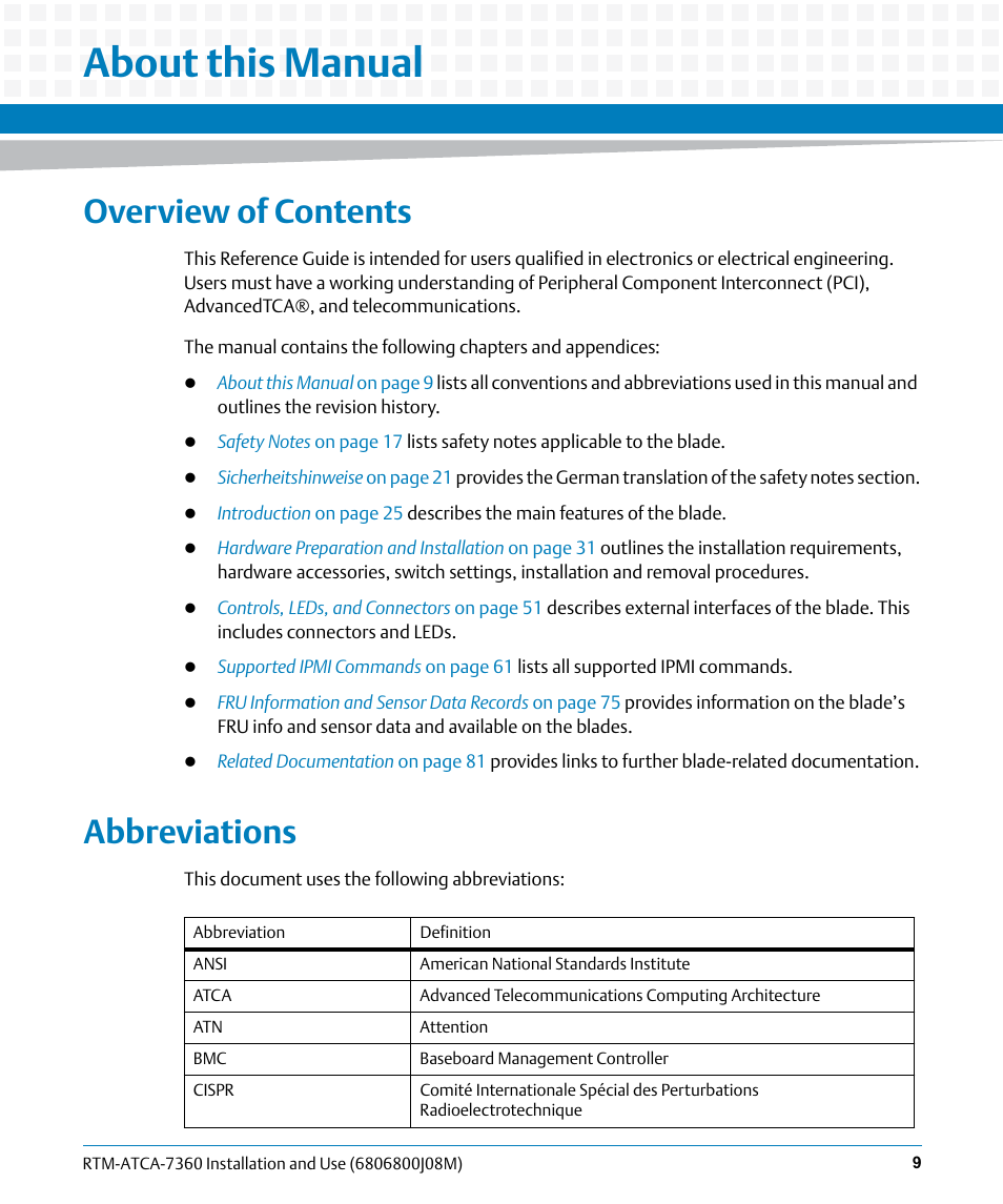 About this manual, Overview of contents, Abbreviations | Artesyn RTM-ATCA-7360 Installation and Use (June 2014) User Manual | Page 9 / 84