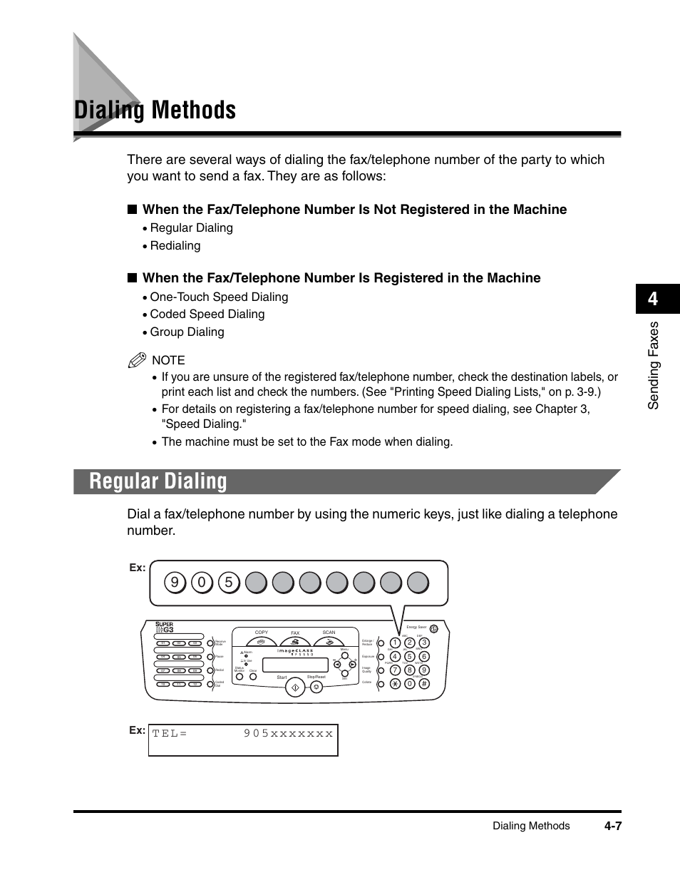 Dialing methods, Regular dialing, Redialing | One-touch speed dialing, Coded speed dialing | Canon MF5550 User Manual | Page 45 / 98