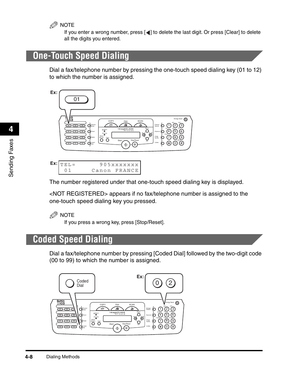 One-touch speed dialing, Coded speed dialing, Dialing methods | Coded dial | Canon MF5550 User Manual | Page 46 / 98