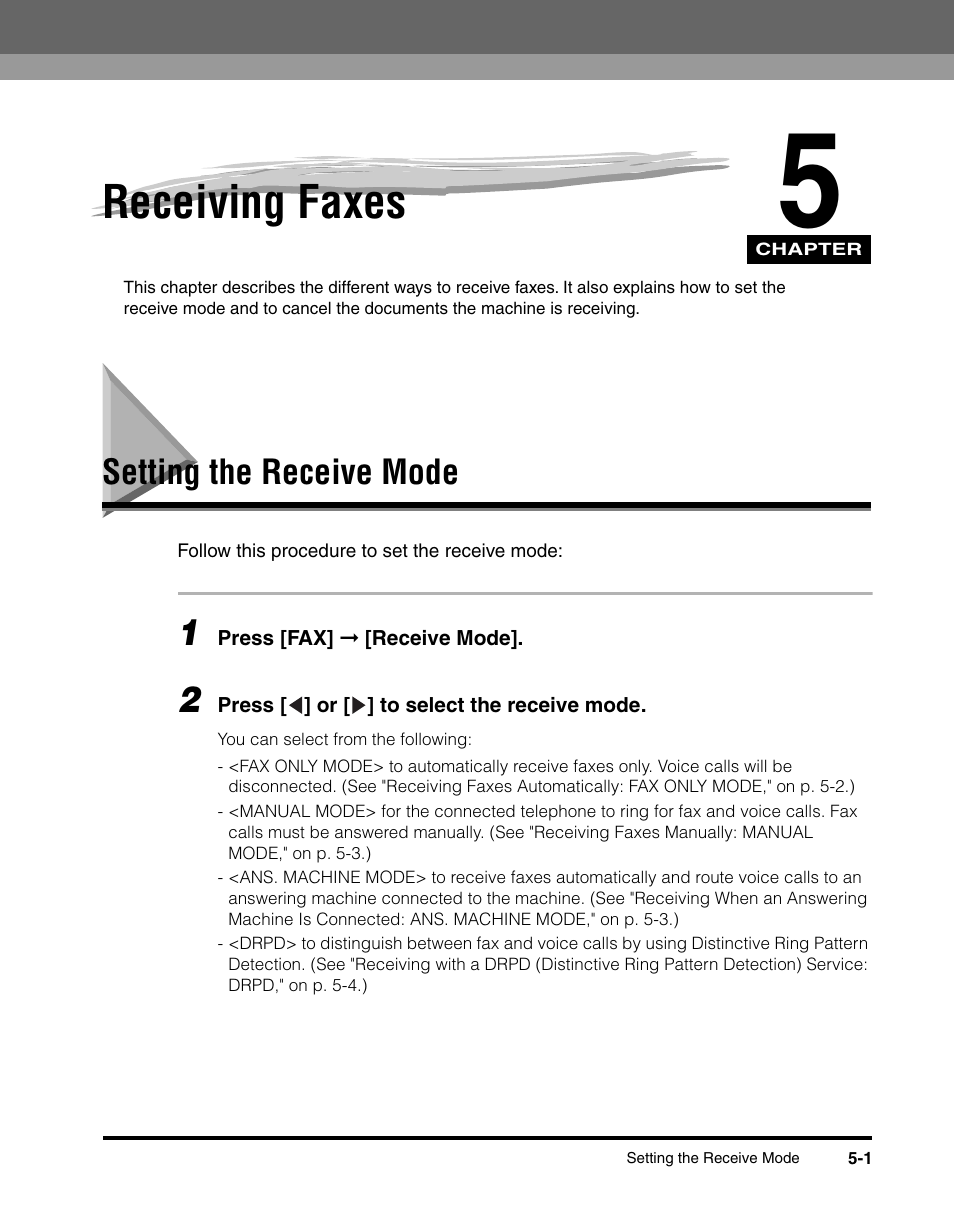 Receiving faxes, Setting the receive mode | Canon MF5550 User Manual | Page 55 / 98