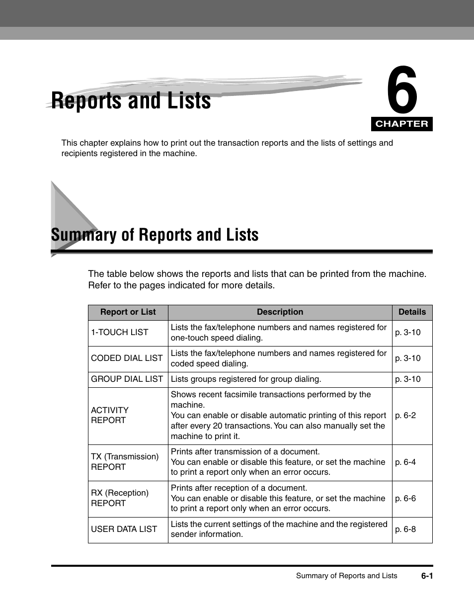Reports and lists, Summary of reports and lists | Canon MF5550 User Manual | Page 63 / 98