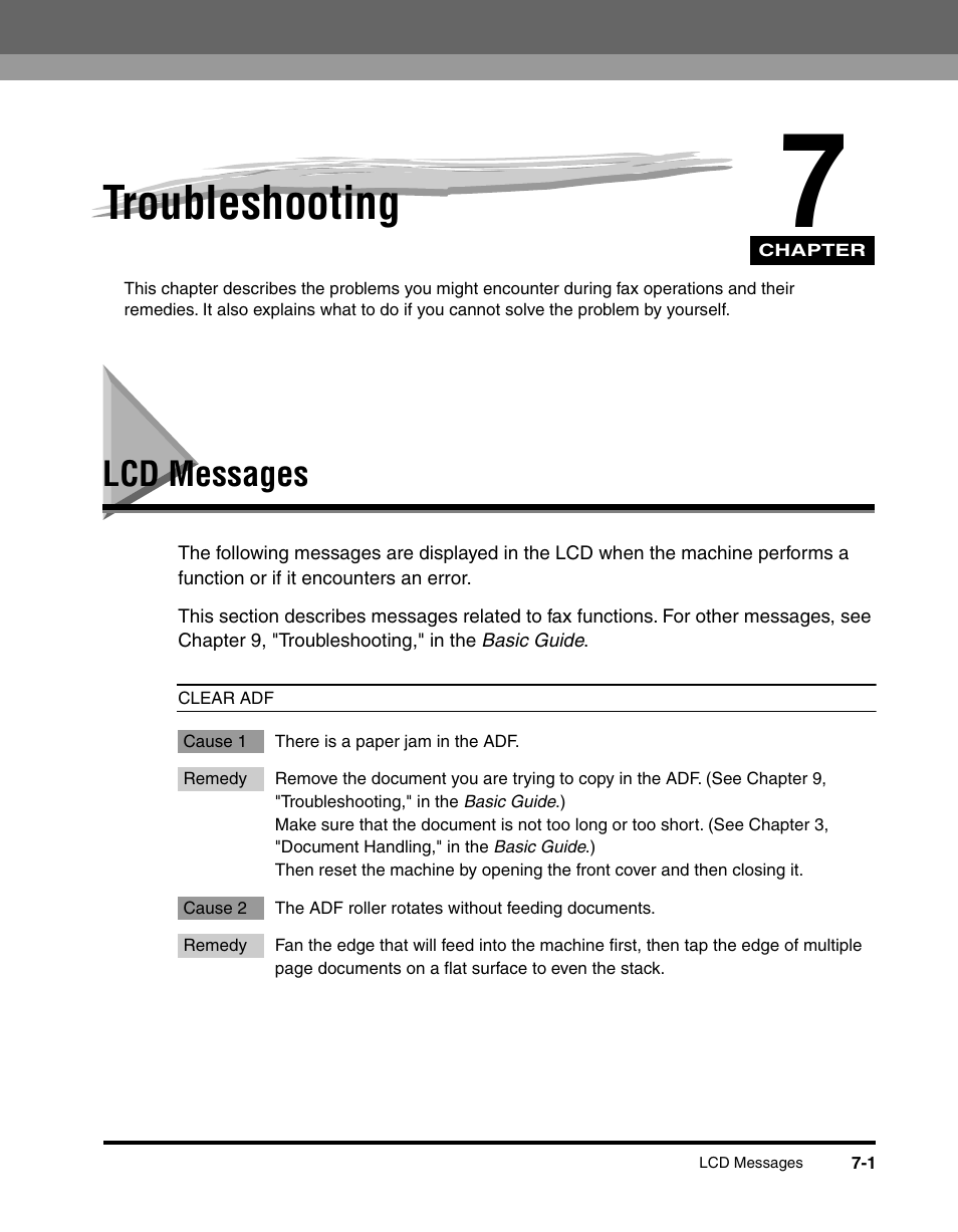 Troubleshooting, Lcd messages | Canon MF5550 User Manual | Page 71 / 98