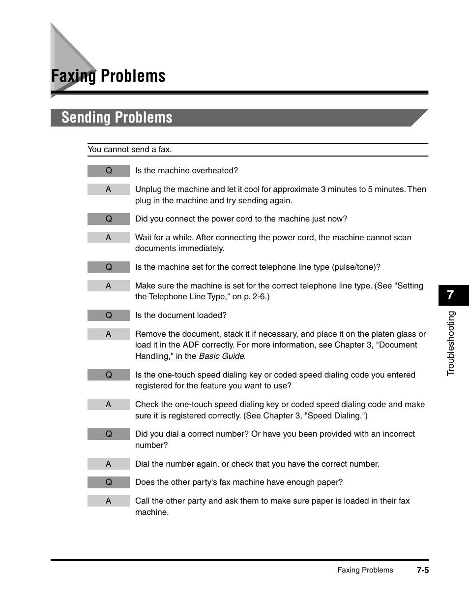 Faxing problems, Sending problems | Canon MF5550 User Manual | Page 75 / 98