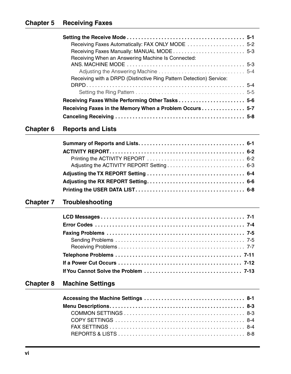 Setting the receive mode 5-1, Receiving faxes while performing other tasks 5-6, Canceling receiving 5-8 | Summary of reports and lists 6-1, Activity report 6-2, Adjusting the tx report setting 6-4, Adjusting the rx report setting 6-6, Printing the user data list 6-8, Lcd messages 7-1, Error codes 7-4 | Canon MF5550 User Manual | Page 8 / 98