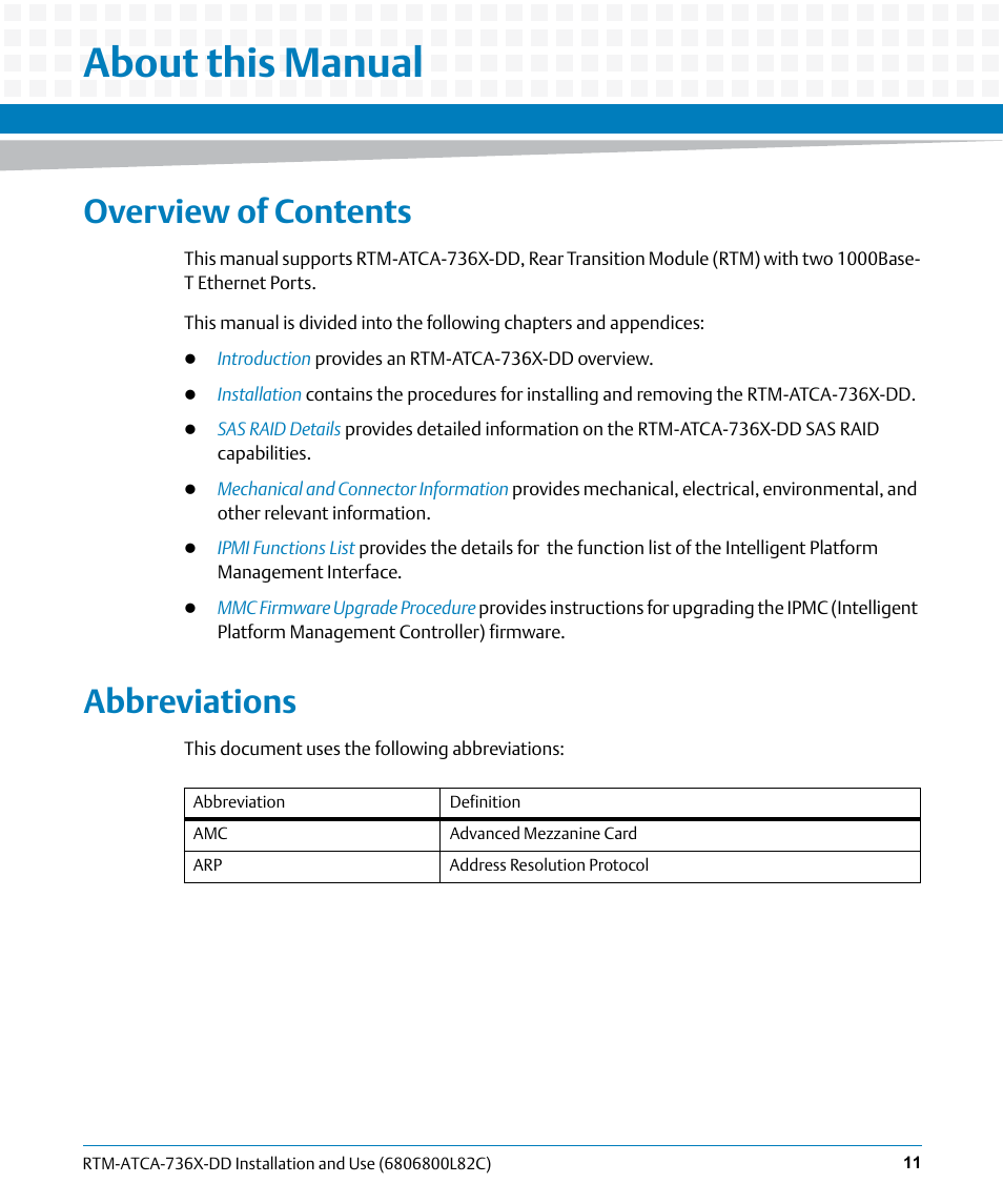 About this manual, Overview of contents, Abbreviations | Artesyn RTM-ATCA-736x-DD Installation and Use (June 2014) User Manual | Page 11 / 76