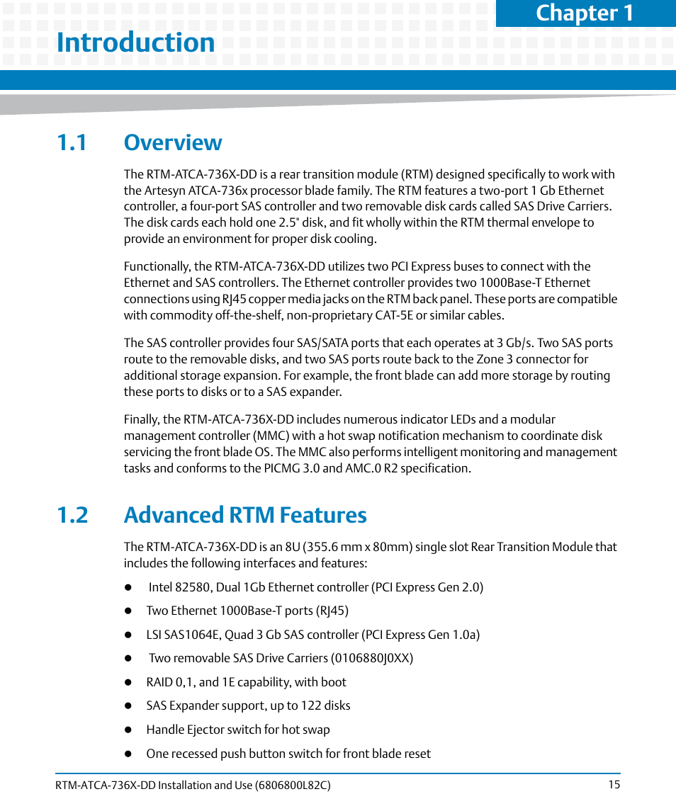 Introduction, 1 overview, 2 advanced rtm features | 1 overview 1.2 advanced rtm features, Chapter 1 | Artesyn RTM-ATCA-736x-DD Installation and Use (June 2014) User Manual | Page 15 / 76