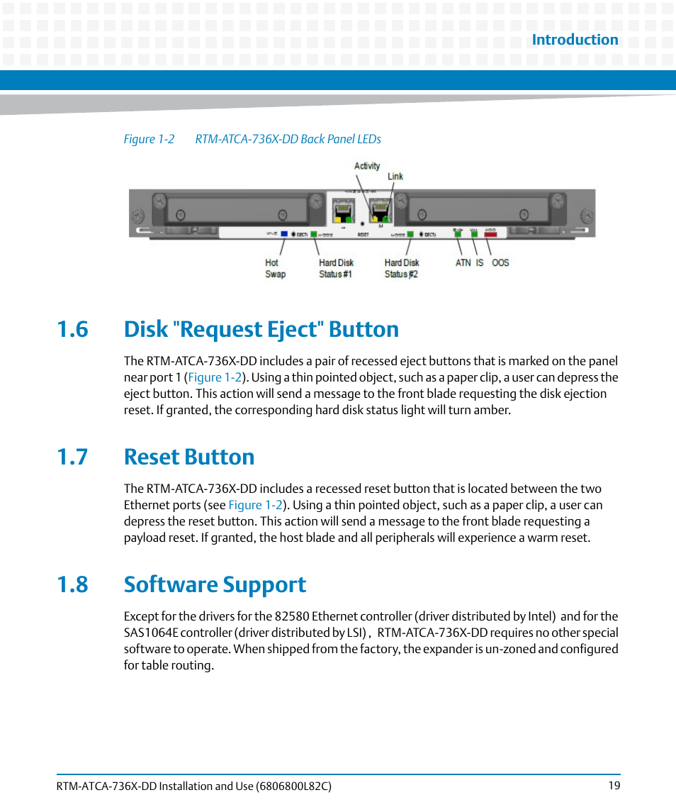 6 disk "request eject" button, 7 reset button, 8 software support | Figure 1-2, Rtm-atca-736x-dd back panel leds | Artesyn RTM-ATCA-736x-DD Installation and Use (June 2014) User Manual | Page 19 / 76