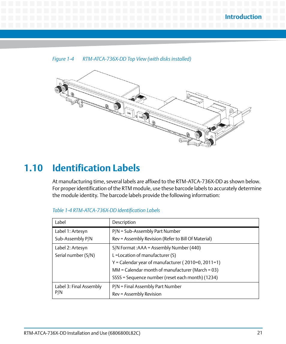 10 identification labels, Table 1-4, Rtm-atca-736x-dd identification labels | Figure 1-4, Rtm-atca-736x-dd top view (with disks installed), Introduction | Artesyn RTM-ATCA-736x-DD Installation and Use (June 2014) User Manual | Page 21 / 76