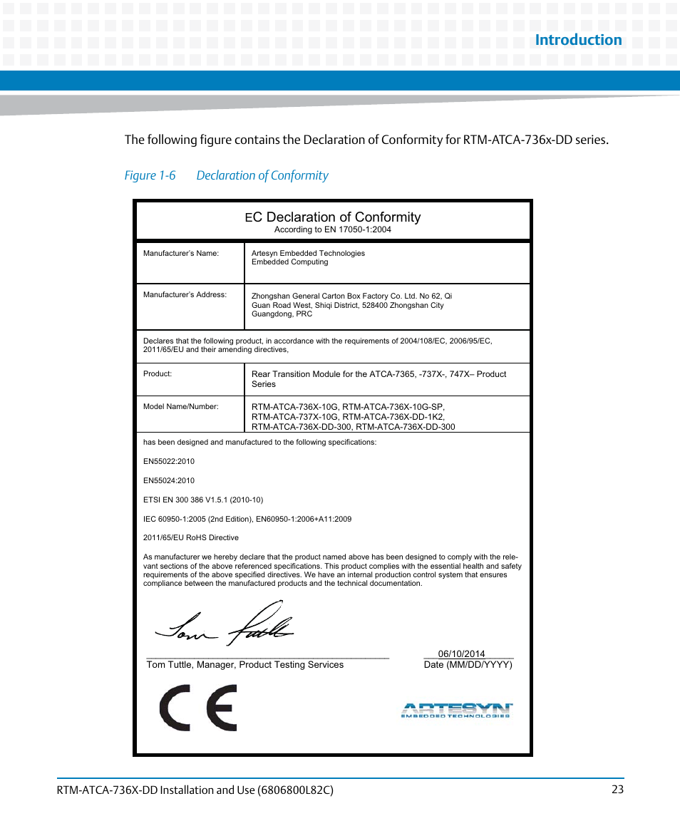 Figure 1-6, Declaration of conformity, Introduction | C declaration of conformity | Artesyn RTM-ATCA-736x-DD Installation and Use (June 2014) User Manual | Page 23 / 76