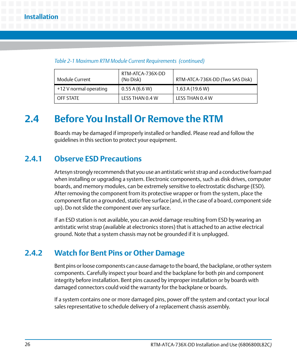 4 before you install or remove the rtm, 1 observe esd precautions, 2 watch for bent pins or other damage | Artesyn RTM-ATCA-736x-DD Installation and Use (June 2014) User Manual | Page 26 / 76