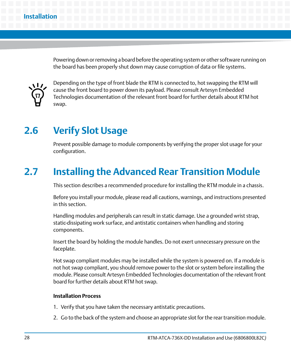 6 verify slot usage, 7 installing the advanced rear transition module | Artesyn RTM-ATCA-736x-DD Installation and Use (June 2014) User Manual | Page 28 / 76