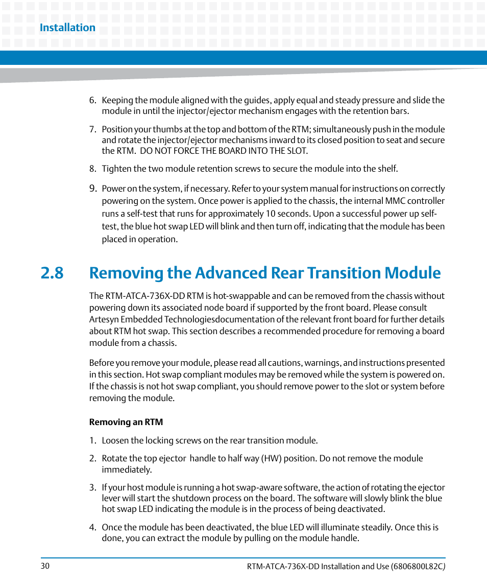 8 removing the advanced rear transition module | Artesyn RTM-ATCA-736x-DD Installation and Use (June 2014) User Manual | Page 30 / 76