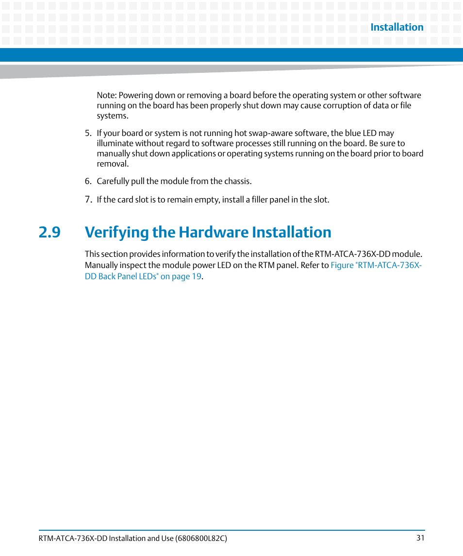 9 verifying the hardware installation | Artesyn RTM-ATCA-736x-DD Installation and Use (June 2014) User Manual | Page 31 / 76