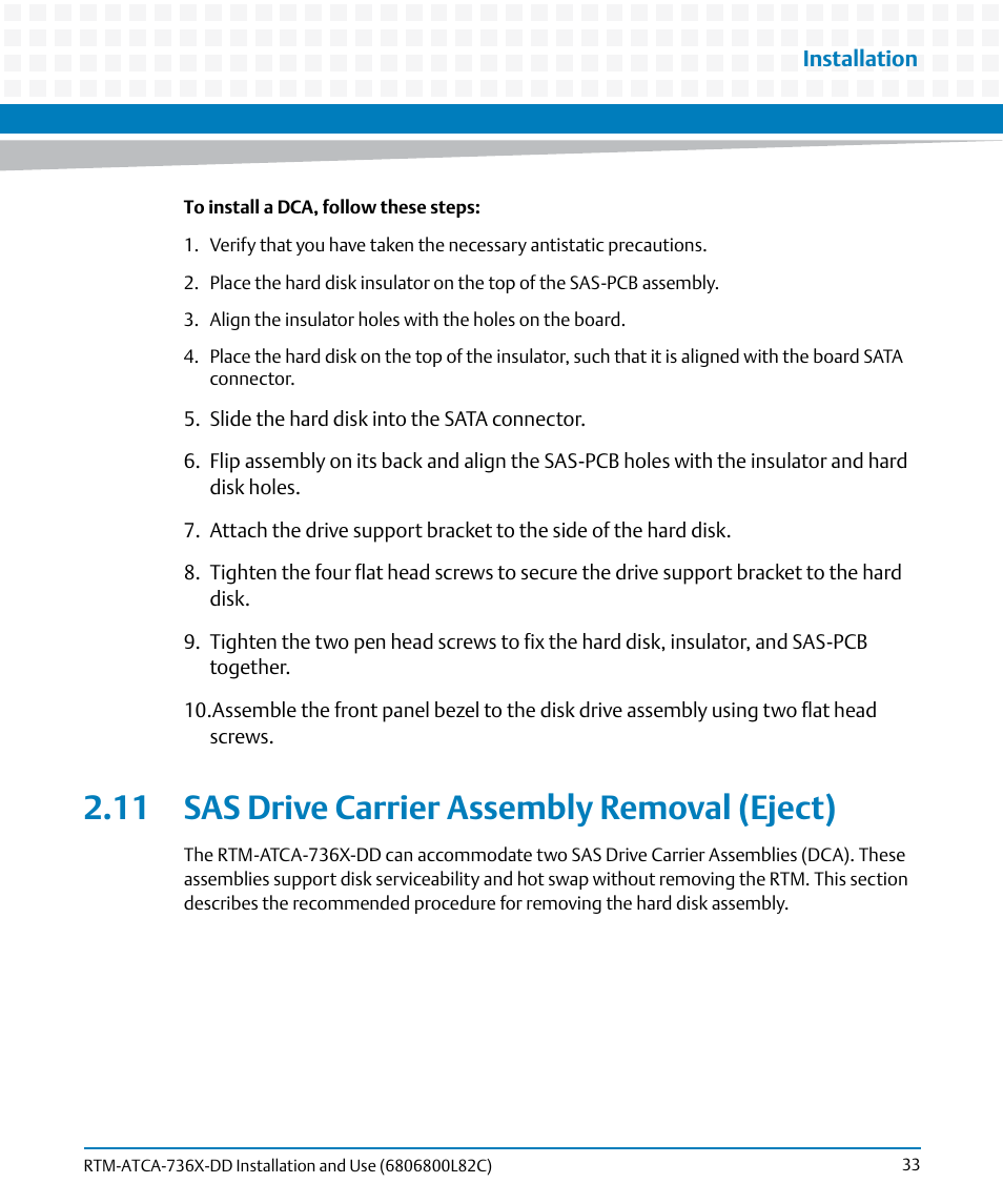 11 sas drive carrier assembly removal (eject) | Artesyn RTM-ATCA-736x-DD Installation and Use (June 2014) User Manual | Page 33 / 76