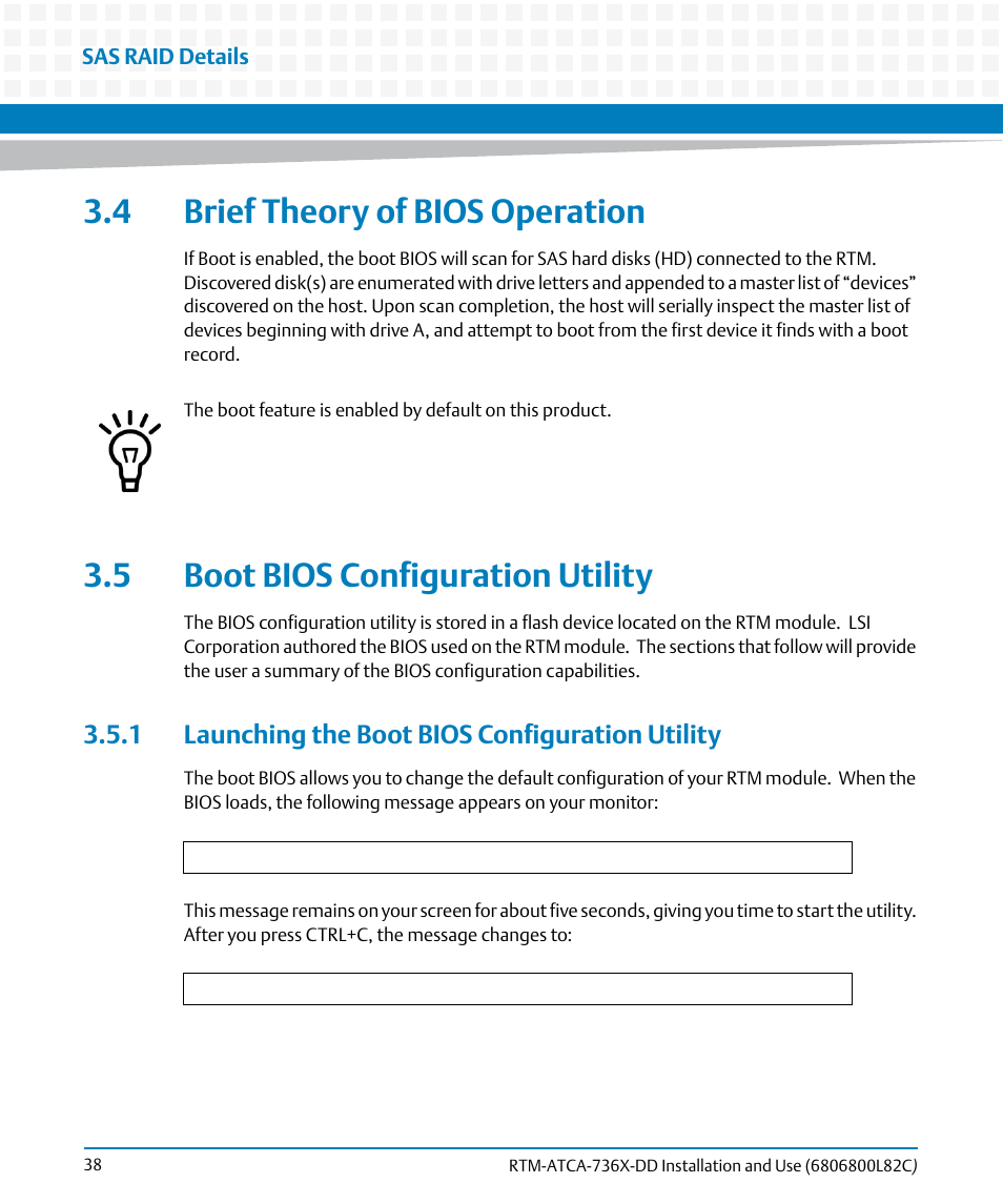 4 brief theory of bios operation, 5 boot bios configuration utility, 1 launching the boot bios configuration utility | Artesyn RTM-ATCA-736x-DD Installation and Use (June 2014) User Manual | Page 38 / 76