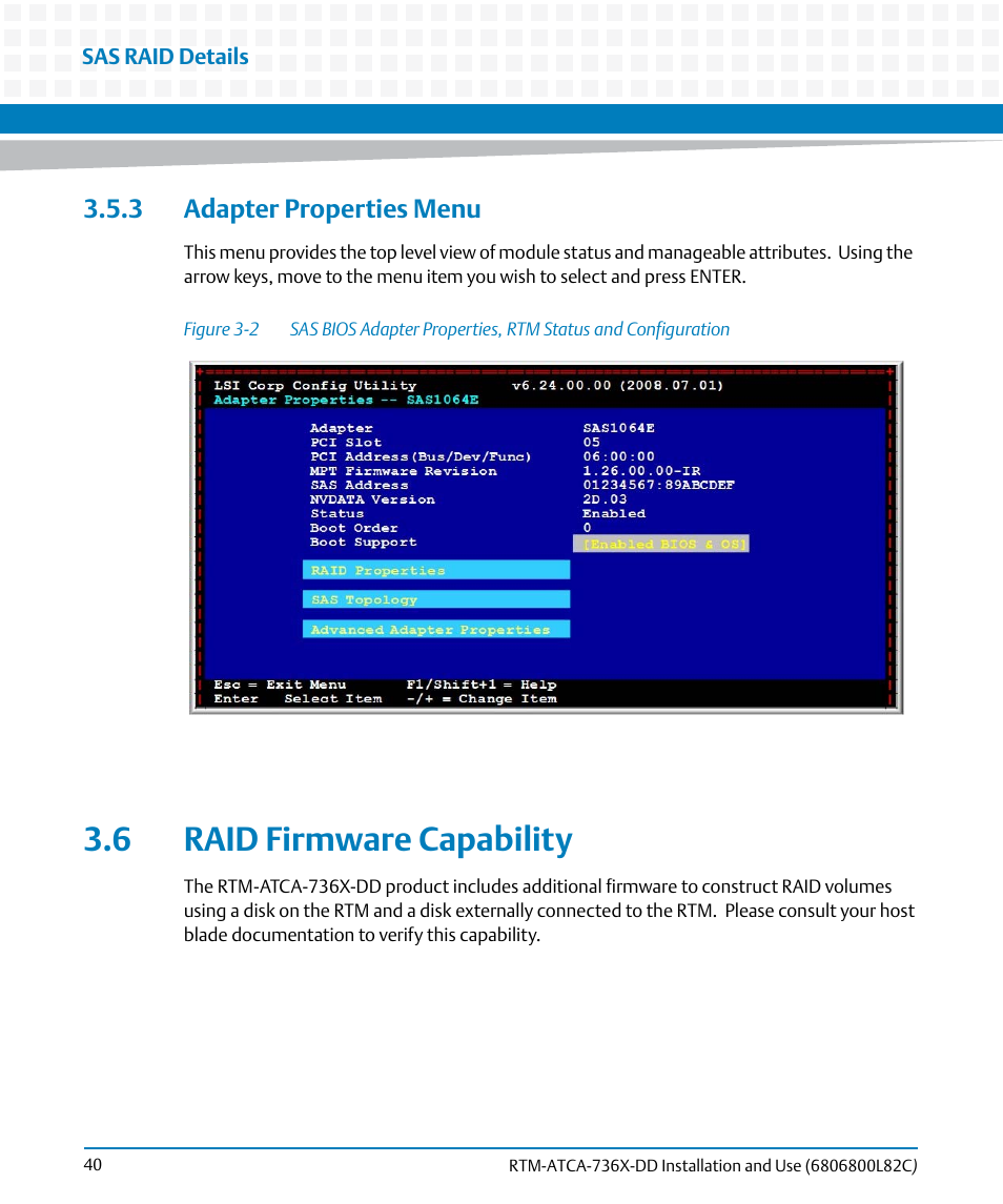 3 adapter properties menu, 6 raid firmware capability, Figure 3-2 | Artesyn RTM-ATCA-736x-DD Installation and Use (June 2014) User Manual | Page 40 / 76