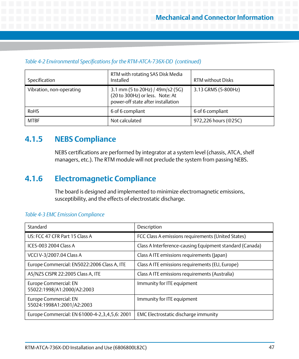 5 nebs compliance, 6 electromagnetic compliance, 5 nebs compliance 4.1.6 electromagnetic compliance | Table 4-3, Emc emission compliance, Mechanical and connector information | Artesyn RTM-ATCA-736x-DD Installation and Use (June 2014) User Manual | Page 47 / 76