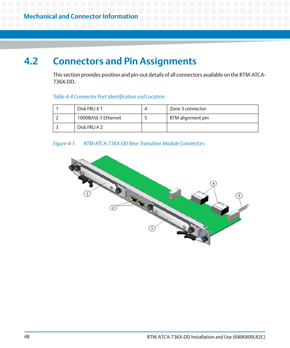 2 connectors and pin assignments, Table 4-4, Connector port identification snd location | Figure 4-1, Rtm-atca-736x-dd rear transition module connectors, Mechanical and connector information | Artesyn RTM-ATCA-736x-DD Installation and Use (June 2014) User Manual | Page 48 / 76
