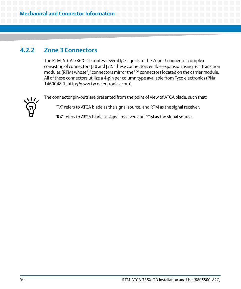 2 zone 3 connectors | Artesyn RTM-ATCA-736x-DD Installation and Use (June 2014) User Manual | Page 50 / 76