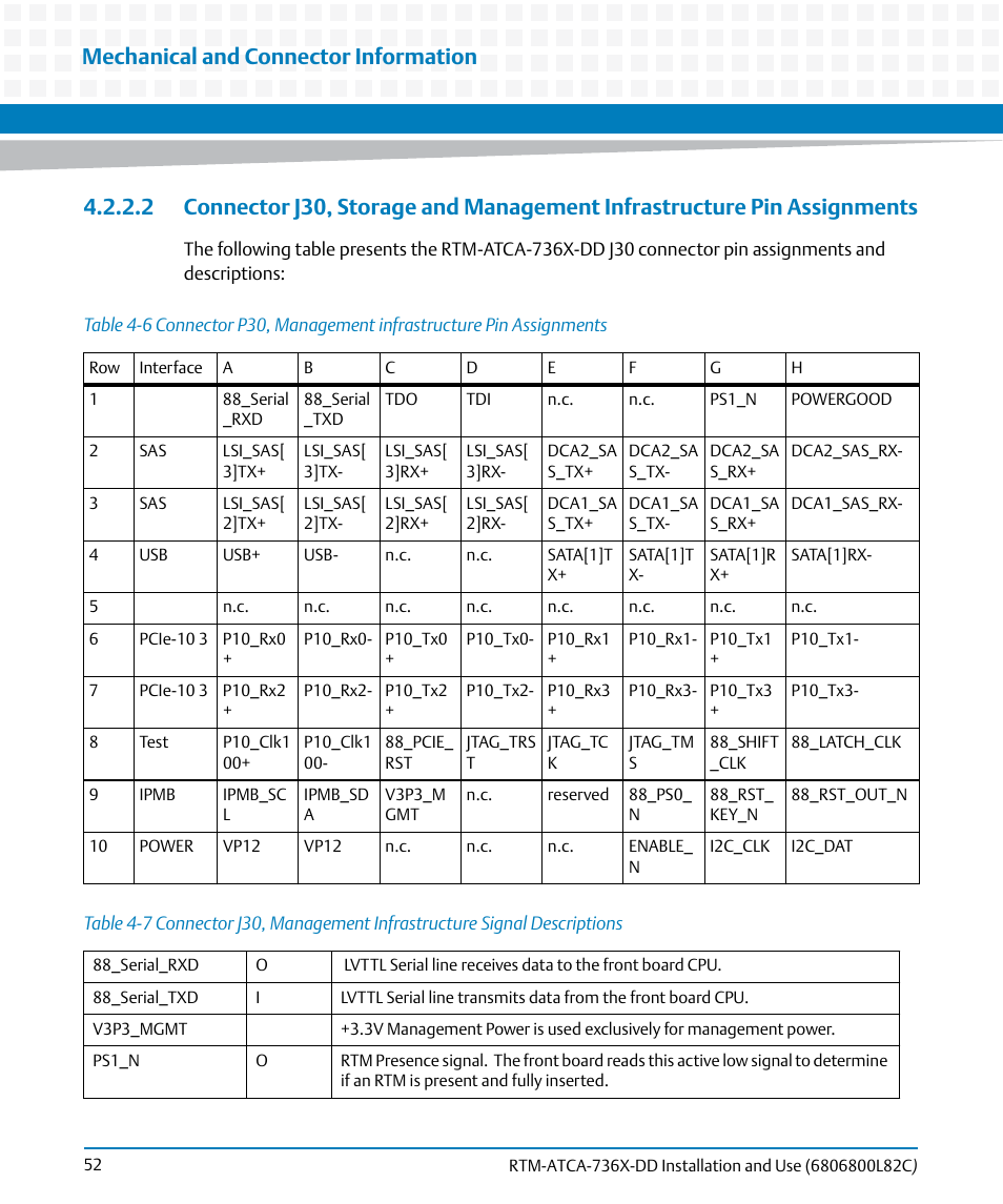 Table 4-6, Table 4-7, Mechanical and connector information | Artesyn RTM-ATCA-736x-DD Installation and Use (June 2014) User Manual | Page 52 / 76