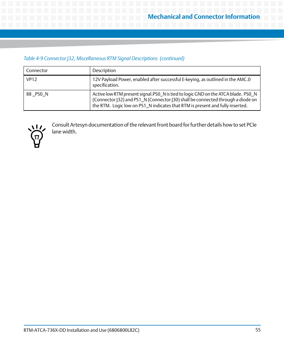 Mechanical and connector information | Artesyn RTM-ATCA-736x-DD Installation and Use (June 2014) User Manual | Page 55 / 76