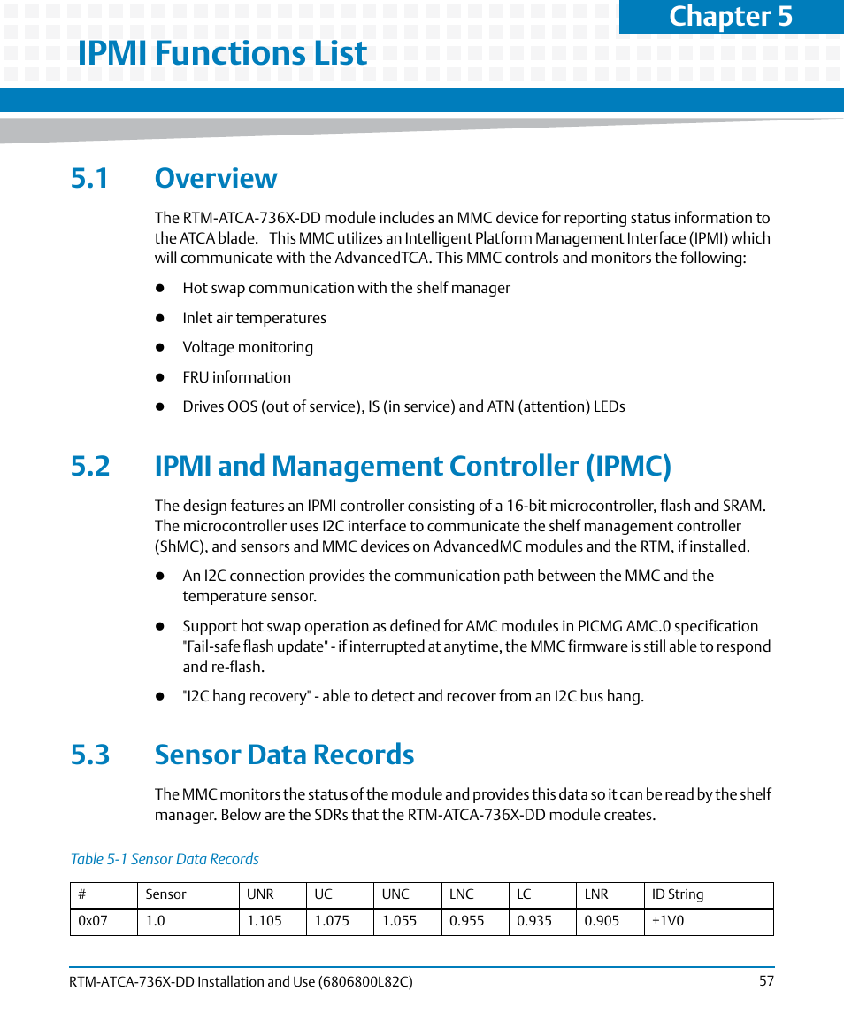 Ipmi functions list, 1 overview, 2 ipmi and management controller (ipmc) | 3 sensor data records, Table 5-1, Sensor data records, Chapter 5 | Artesyn RTM-ATCA-736x-DD Installation and Use (June 2014) User Manual | Page 57 / 76