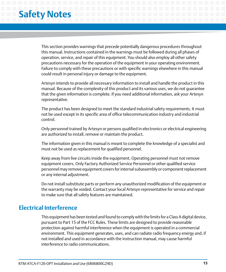 Safety notes, Electrical interference | Artesyn RTM-ATCA-F120 Installation and Use (August 2014) User Manual | Page 13 / 68