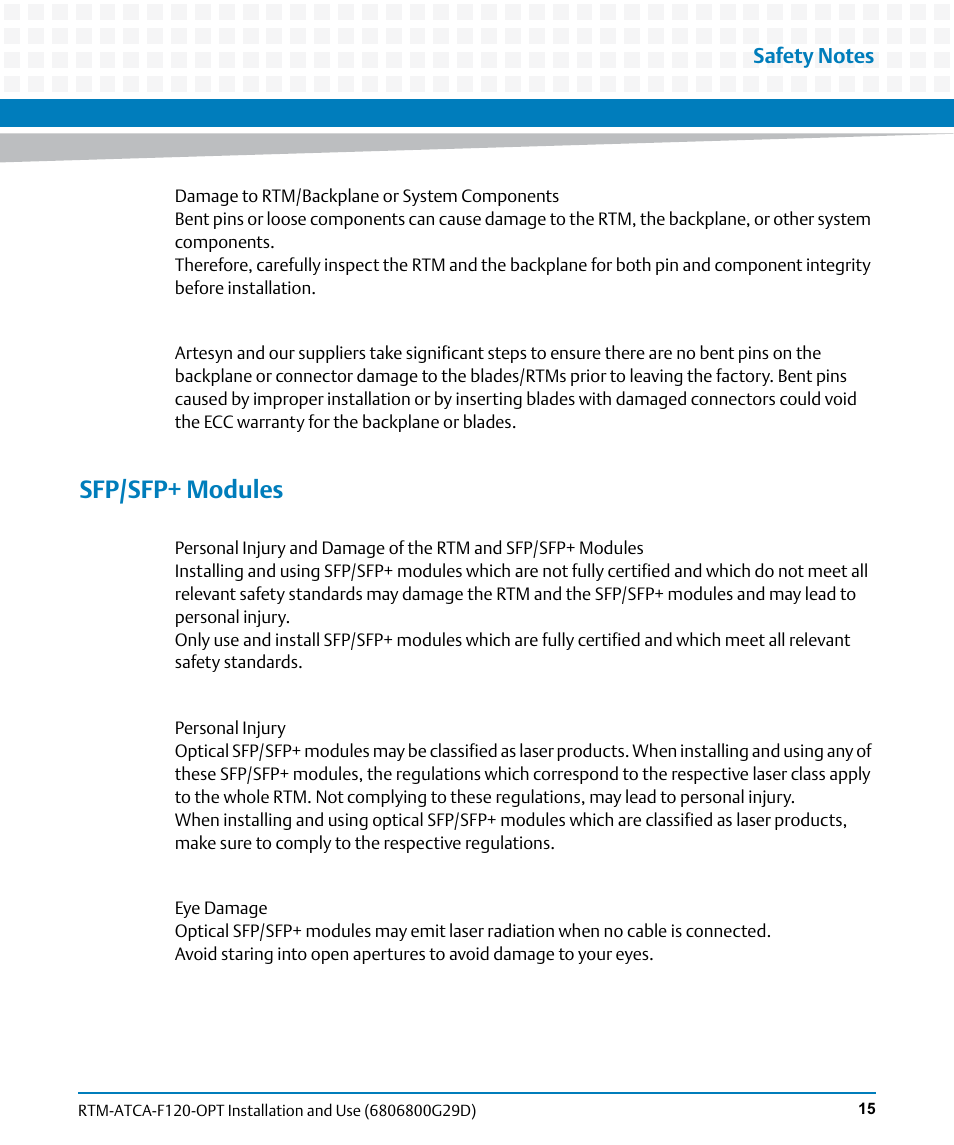 Sfp/sfp+ modules | Artesyn RTM-ATCA-F120 Installation and Use (August 2014) User Manual | Page 15 / 68