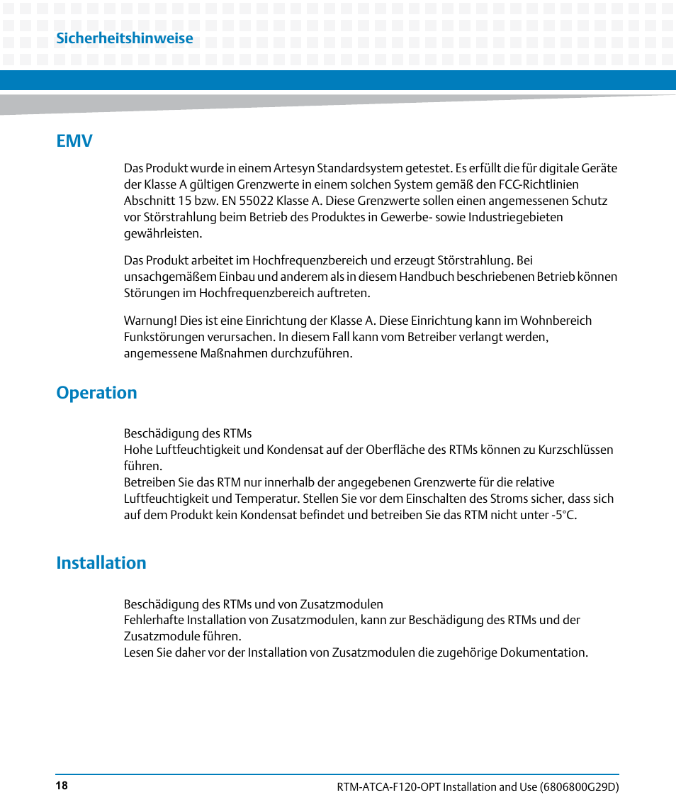 Operation, Installation | Artesyn RTM-ATCA-F120 Installation and Use (August 2014) User Manual | Page 18 / 68