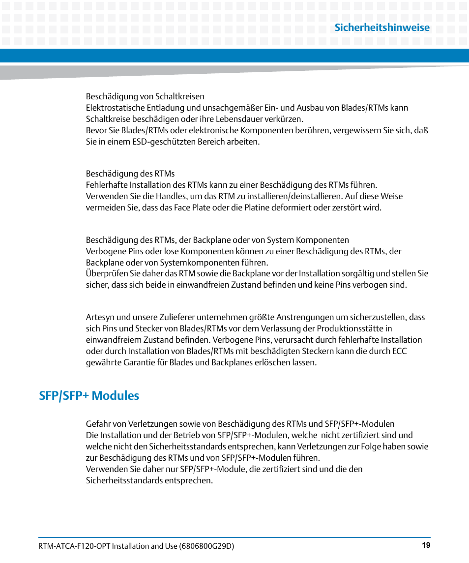 Sfp/sfp+ modules, Sicherheitshinweise | Artesyn RTM-ATCA-F120 Installation and Use (August 2014) User Manual | Page 19 / 68