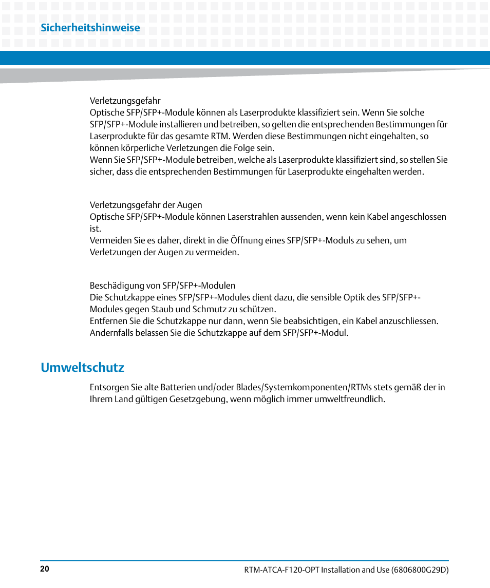 Umweltschutz | Artesyn RTM-ATCA-F120 Installation and Use (August 2014) User Manual | Page 20 / 68