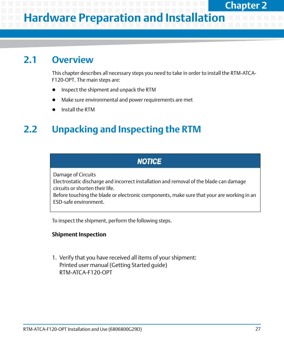 Hardware preparation and installation, 1 overview, 2 unpacking and inspecting the rtm | 1 overview 2.2 unpacking and inspecting the rtm, Chapter 2 | Artesyn RTM-ATCA-F120 Installation and Use (August 2014) User Manual | Page 27 / 68