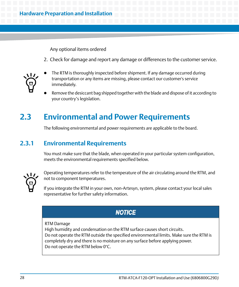 3 environmental and power requirements, 1 environmental requirements | Artesyn RTM-ATCA-F120 Installation and Use (August 2014) User Manual | Page 28 / 68